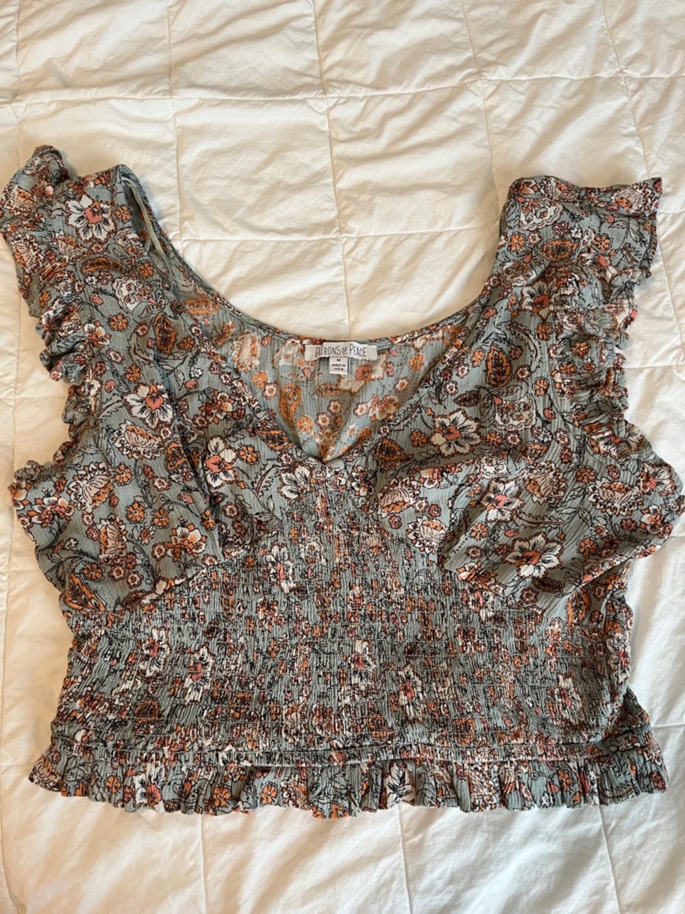 Patrons of Peace Sage Green Floral Smocked Ruffle Crop Top